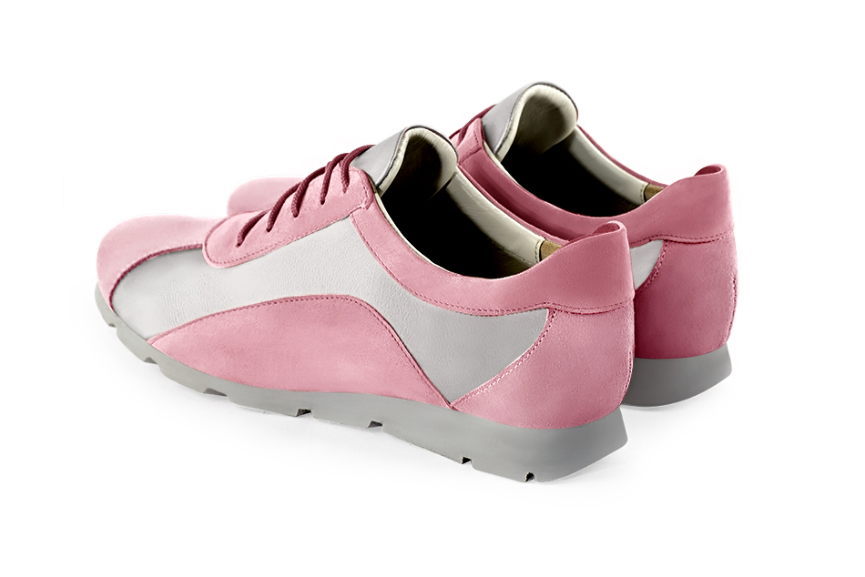 Carnation pink and light silver women's two-tone elegant sneakers. Round toe. Flat rubber soles. Rear view - Florence KOOIJMAN